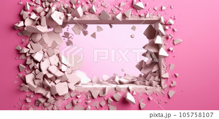 Breaking out of a hole in solid Pink wall, torn hole, empty copy space frame, mockup. Generative AI weber. Breaking out of a hole in solid Pink wall, torn hole, empty copy space frame, mockup. Generative AI weber. 105758107