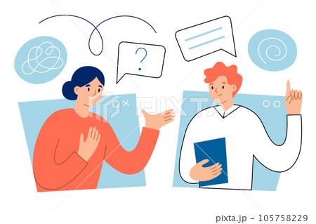 Online therapy session, therapist helps woman with mental problems, psychology concept, hand drawn composition, vector illustration of psychological consultation, video call to psychiatrist 105758229