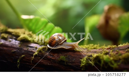 photo of a snail, macro photography , stream of fresh water, young green plant, outdoor springtime. generative ai AIG32 105758277