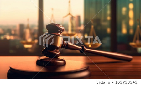 A gavel on a tabletop with blur background of lawyer office. Generative AI AIG32 105758545