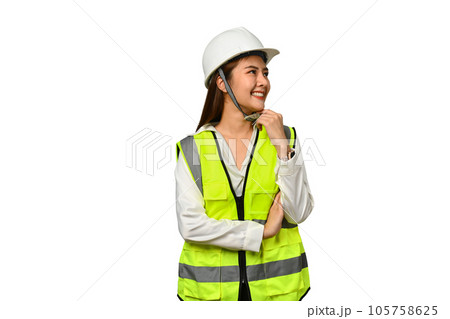 Engineer woman looking aside thinking of new good opportunities, dreaming, standing isolated on white background 105758625