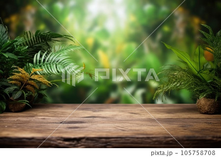 The empty rustic wooden plank table top with blur background of jungle. Generative AI AIG30. 105758708