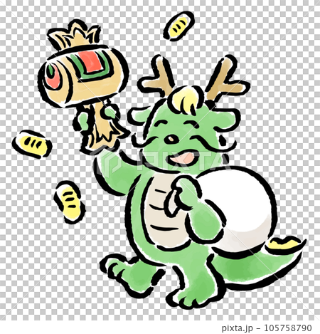 打ち出の小槌を振って福を呼ぶ辰　筆タッチ手描きイラスト 105758790