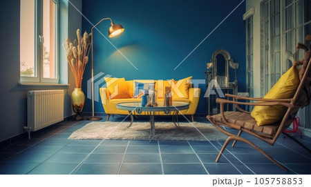 The interior design of blue and yellow tone color living room with the fluffy carpet on the tile floor. Generative AI AIG27. The interior design of blue and yellow tone color living room with the fluffy carpet on the tile floor. Generative AI AIG27. 105758853