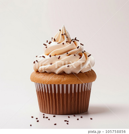 Freshly made cupcake with whipped cream on a delicate pastel background. Minimalism. Freshly made cupcake with whipped cream on a delicate pastel background. Minimalism. 105758856