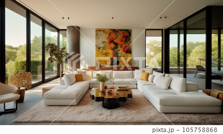 The interior design of open concept living and dining room with a custom sectional and plush Moroccan rug. Generative AI AIG27. 105758868