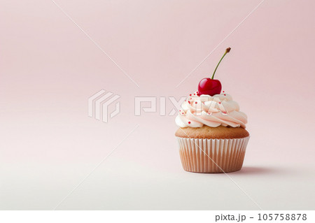 Freshly made cupcake with whipped cream on a delicate pastel background. Minimalism. Freshly made cupcake with whipped cream on a delicate pastel background. Minimalism. 105758878