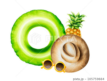 Watercolor tropical beach composition with hat, sunglasses, pineapple and pool float illlustrations. Tropical fruit isolated on white background. For designers, spa decoration, postcards, wedding, 105759664