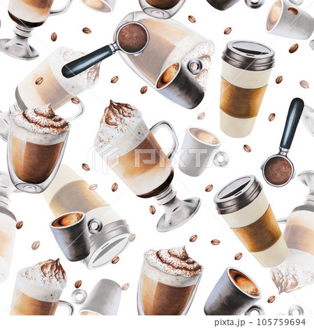 Watercolor seamless pattern with coffee making tools. Latte, espresso, americano. Hand painting on isolated background. For designers, menu, shop, bar, bistro, restaurant, for postcards, wrapping 105759694