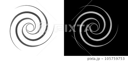 Circle abstract background with lines in spiral. Illusion of dynamic transition. Black lines on a white background and white lines on the black side. Circle abstract background with lines in spiral. Illusion of dynamic transition. Black lines on a white background and white lines on the black side. 105759753