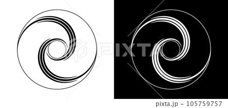 Circle abstract background with lines in spiral. Illusion of dynamic transition. Black lines on a white background and white lines on the black side. Circle abstract background with lines in spiral. Illusion of dynamic transition. Black lines on a white background and white lines on the black side. 105759757