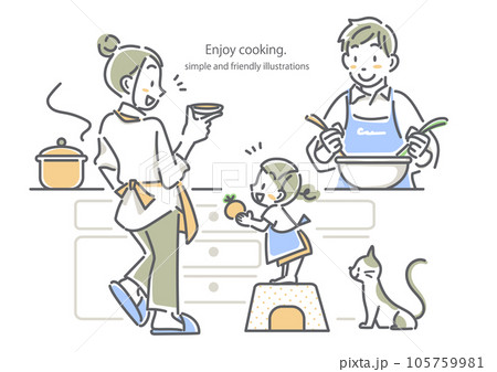 一緒に楽しく料理をする若い家族　シンプルでお洒落な線画イラスト 105759981