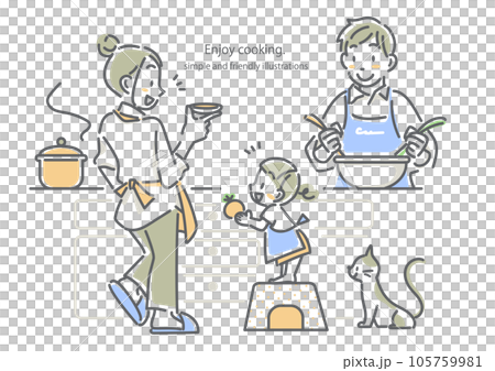 一緒に楽しく料理をする若い家族　シンプルでお洒落な線画イラスト 105759981