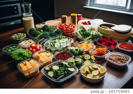 Healthy boxed diet on the table in an apartment, full of vegetables and healthy snacks. Healthy boxed diet on the table in an apartment, full of vegetables and healthy snacks. 105759985