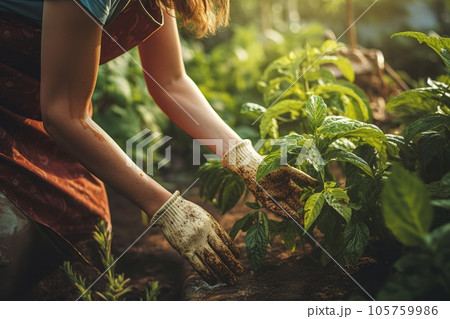 Woman works and relaxes in her home garden 105759986