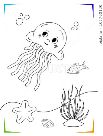 Black and white jellyfish, starfish, algae Coloring page. Underwater inhabitants vector illustration Black and white jellyfish, starfish, algae Coloring page. Underwater inhabitants vector illustration 105760130