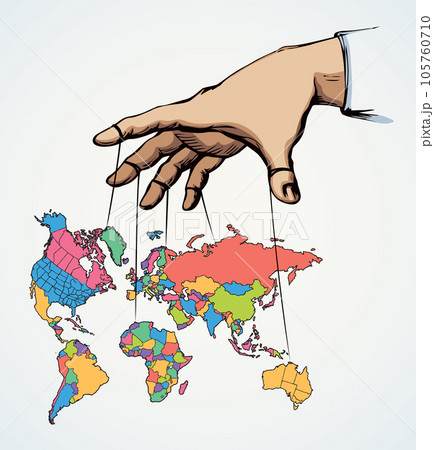 Man hand with a World map. Continents with contours of countries. Vector drawing 105760710