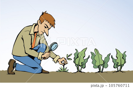 A man with a magnifier is looking for weeds. Vector drawing 105760711