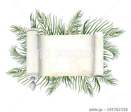 Vintage blank paper scroll with tropical palm leaves banner template watercolor illustration. Date palm leaves Vintage blank paper scroll with tropical palm leaves banner template watercolor illustration. Date palm leaves 105762156