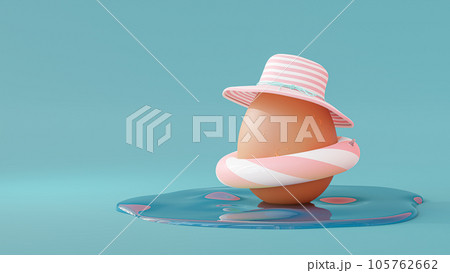 Egg wearing hats and Swim rings play in water. 3D Render. Egg wearing hats and Swim rings play in water. 3D Render. 105762662