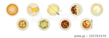 French Food Dishes Served on Plates for Restaurant Menu Top View Vector Set 105763470