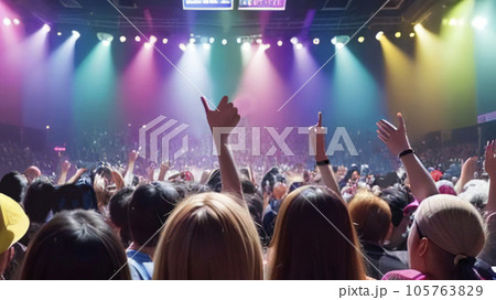 ライブ会場で手を上げる観客の後姿_ワイド 105763829