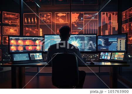 Computer security specialist gathers information while sitting in front of multiple monitors. 105763900