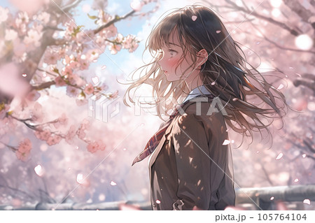 女子高生と桜吹雪のイラスト（AI生成画像）のイラスト素材 [105764104