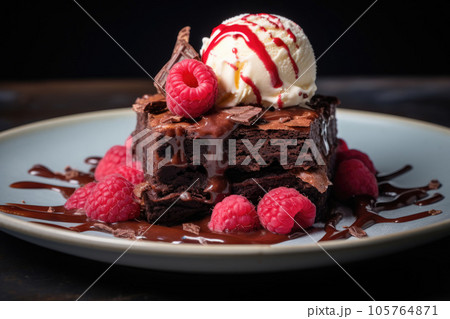 Chocolate brownie with a scoop of ice cream and raspberries Chocolate brownie with a scoop of ice cream and raspberries 105764871