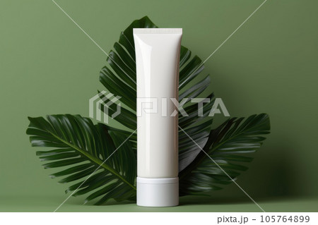 A mock-up white tube for cream on the background of palm leaves 105764899