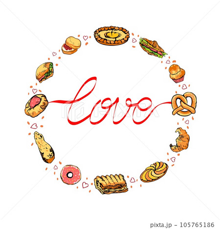 Round composition bakery items and love word Round composition bakery items and love word 105765186