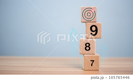 Numbers sequencing almost reaching goals and achievements on wooden blocks. Startup concept. Business concept. Management concept. Business planning concept. 105765446