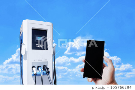 Control EV electric vehicle charging station with mobile application, blank black screen of mobile. 105766294