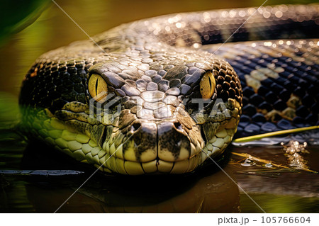 The head of an anaconda close up on a water background 105766604