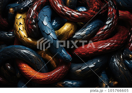 Intertwined, tangle of multi-coloured snakes with a large scale texture 105766605