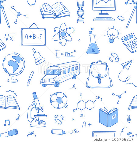 Back to school seamless pattern doodle. Hand drawn line doodle sketch style back to school background. Hand drawn book, bag, globe education elements background. Vector 105766817