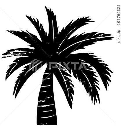ヤシの木の版画風イラスト、シルエットのモノクロカラーのイラスト素材