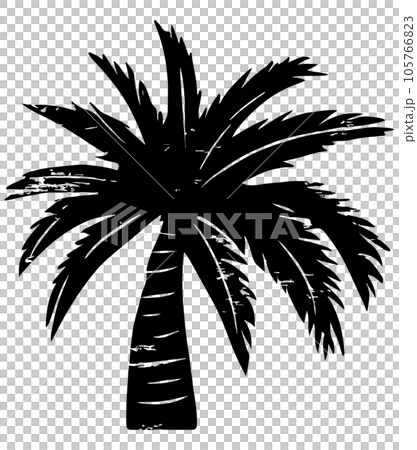 ヤシの木の版画風イラスト、シルエットのモノクロカラーのイラスト素材