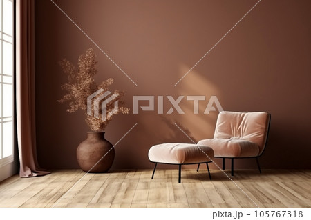 Minimalist home interior background, brown autumn concept, sofa, plant, window 105767318
