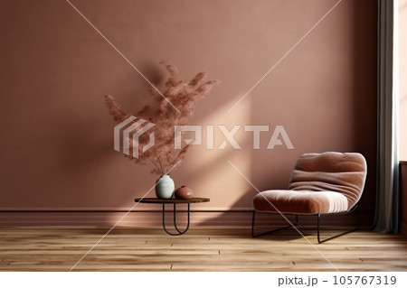 Minimalist home interior background, brown autumn concept, sofa, plant, window 105767319