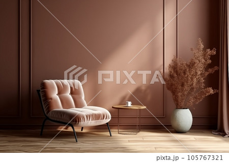 Minimalist home interior background, brown autumn concept, sofa, plant, window 105767321