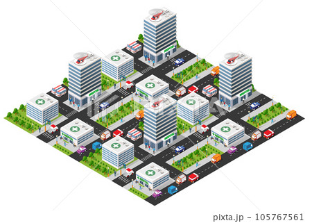 Flat isometric map, landscape city, building skyscraper, parks, cafe, landmarks. Vector 3d top 105767561