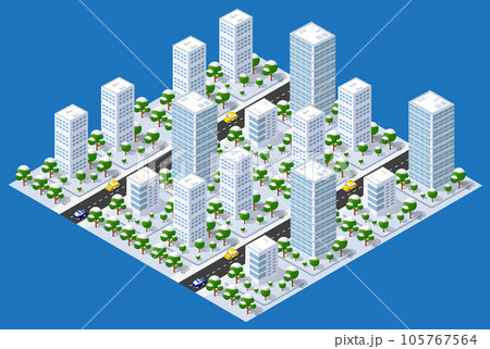 Flat isometric map, landscape city, building skyscraper, parks, cafe, landmarks. Vector 3d top 105767564