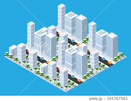Flat isometric map, landscape city, building skyscraper, parks, cafe, landmarks. Vector 3d top 105767565