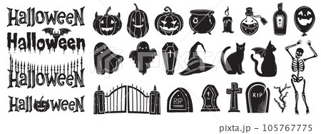 Halloween silhouette element set, vector spooky happy holiday text kit, creepy ghost shape, skeleton 105767775