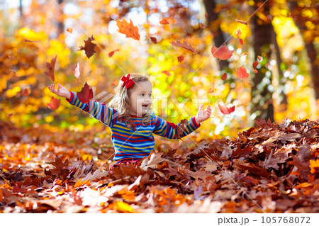 Child in fall park. Kid with autumn leaves. Child in fall park. Kid with autumn leaves. 105768072
