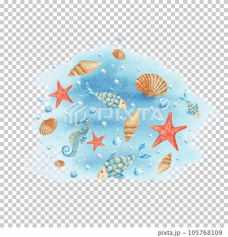 Under the sea composition. Cute seahorse, fishes, starfish, sea shells, water bubbles om blue watercolor splash. Hand drawn illustration. For cards, posters, marine design. Under the sea composition. Cute seahorse, fishes, starfish, sea shells, water bubbles om blue watercolor splash. Hand drawn illustration. For cards, posters, marine design. 105768109