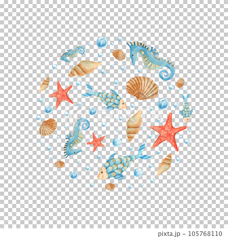 Under the sea round composition. Cute seahorse, fish, starfish, sea shells, water bubbles. Watercolor hand drawn illustration for children isolated on white background. For cards, posters, marine 105768110