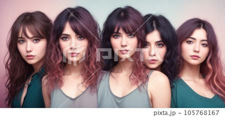 Group of women in casual summer wear. Portrait of five happy confident beautiful multiethnic young friends in comfortable everyday clothes posing in studio. Fashion concept. Generative AI Group of women in casual summer wear. Portrait of five happy confident beautiful multiethnic young friends in comfortable everyday clothes posing in studio. Fashion concept. Generative AI 105768167