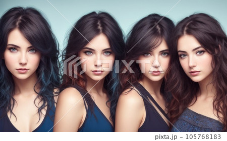 Collage of Cheerful positive group of young women diverse nationalities posing at camera togeher, wearing fashionable casual outfit, international friendship concept. people diversity. Generative AI 105768183